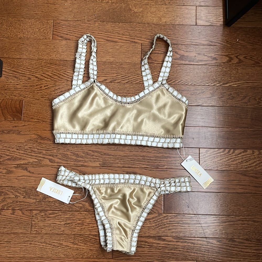 Gold shimmer crochet bikini set